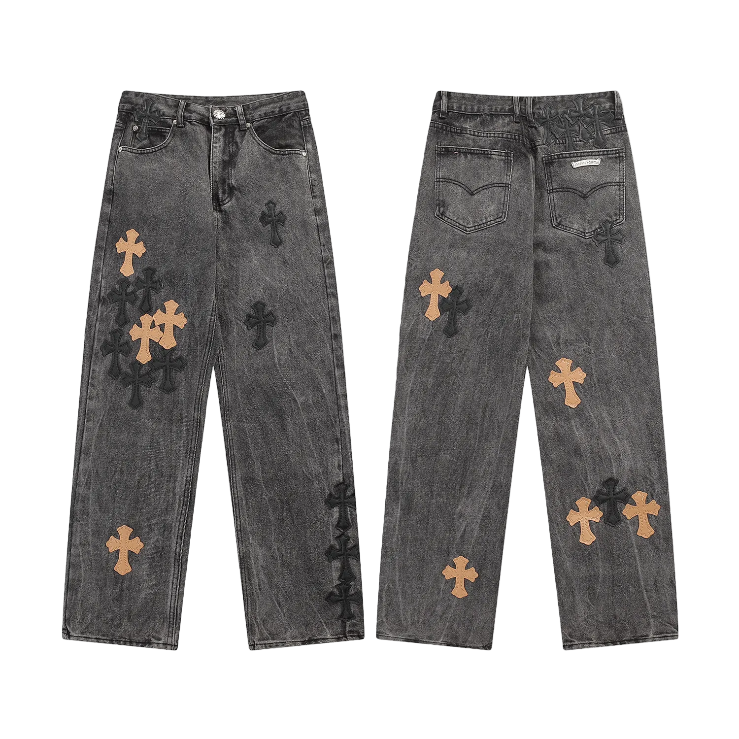 DARK GREY CHROME HEARTS ORANGE CROSS JEANS