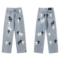BLUE CHROME HEARTS BLACK AND WHITE CROSS JEANS