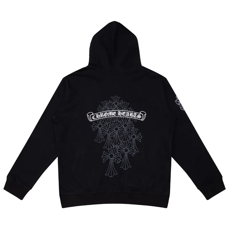 BLACK CHROME HEARTS PATTERN ZIP-UP HOODIE