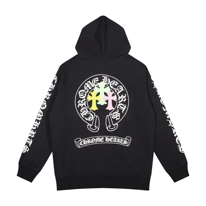 BLACK MULTICOLOR BACK-DESIGN CHROME HEARTS ZIP-UP HOODIE