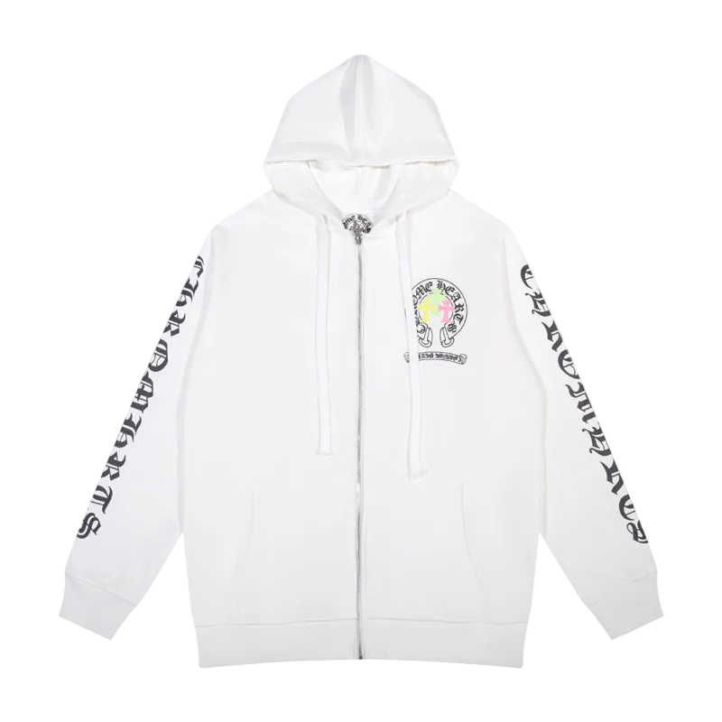 WHITE MULTICOLOR BACK-DESIGN CHROME HEARTS ZIP-UP HOODIE
