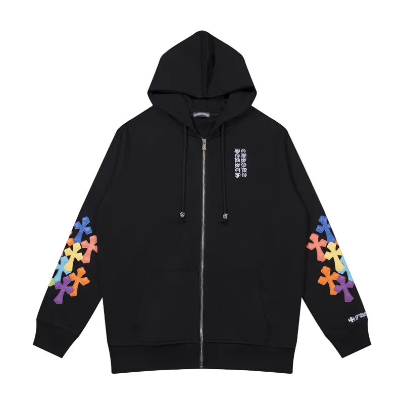 BLACK MULTICOLOR CROSS CHROME HEARTS ZIP-UP HOODIE
