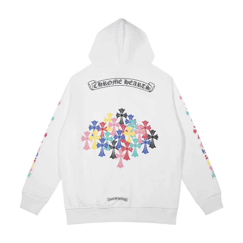 WHITE MULTICOLOR CROSS CHROME HEARTS ZIP-UP HOODIE
