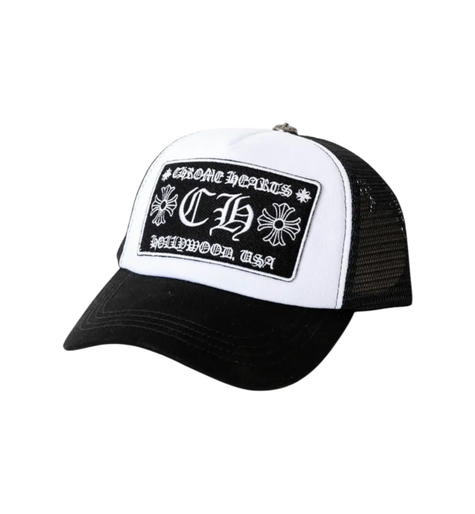 CHROME HEARTS BLACK AND WHITE TRUCKER CAP