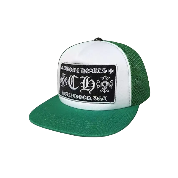 WHITE AND GREEN CHROME HEARTS TRUCKER CAP