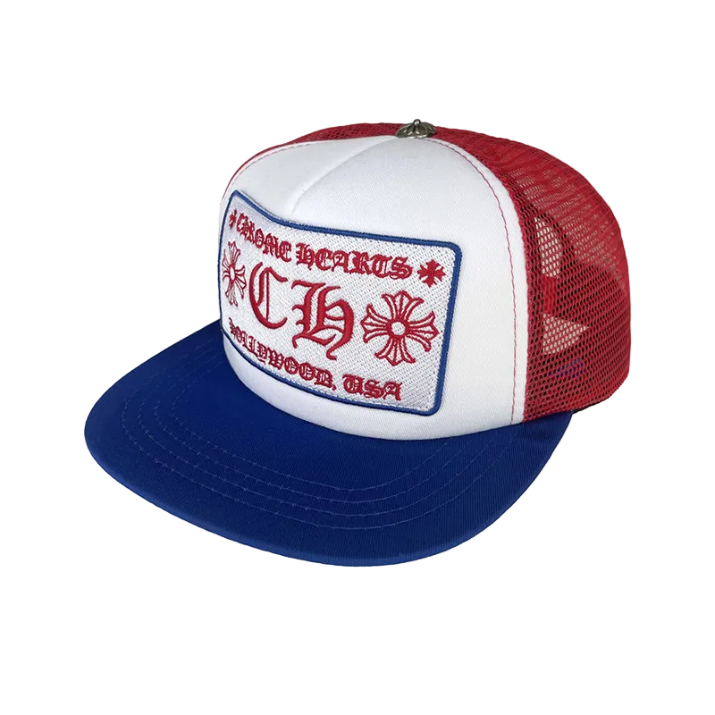 BLUE AND RED CHROME HEARTS TRUCKER CAP