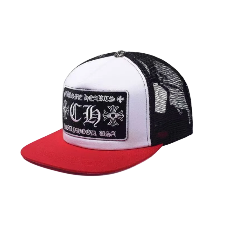 BLACK AND RED CHROME HEARTS TRUCKER CAP