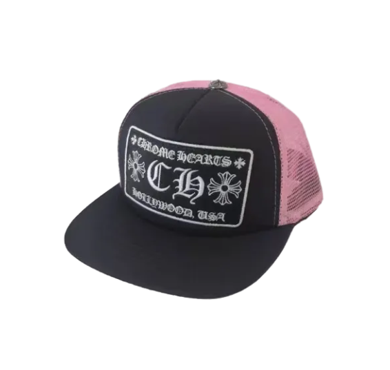 BLACK AND PINK CHROME HEARTS TRUCKER CAP
