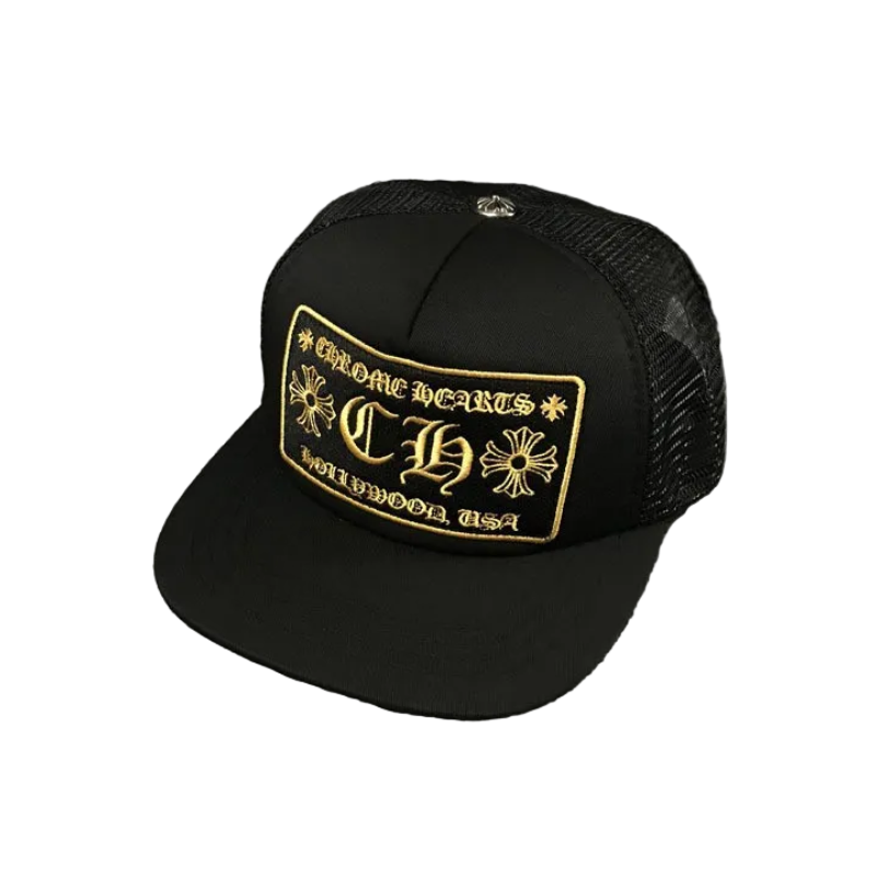 BLACK AND GOLD CHROME HEARTS TRUCKER CAP